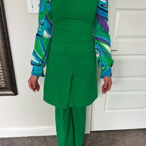 Vibrant Green Pantsuit with Playful Patterned Sleeves